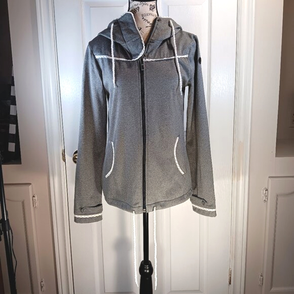 NWOT Roxy Women's Full-Zip Hoodie Gray Cream Lace Trim Size S